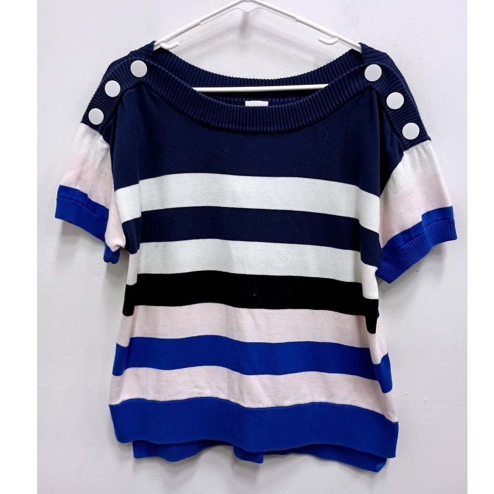 Cabi Sweater Top Womens Medium Blue White Striped Sailor Button Shoulder Knit‎